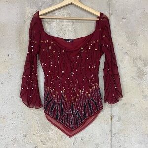 Boston proper Y2k maroon red rhinestone flame flare sleeve blouse